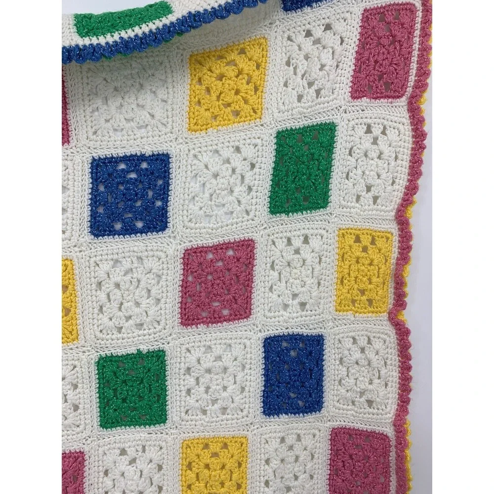Vintage Handmade Crochet Baby Blanket Afghan Granny Square 44